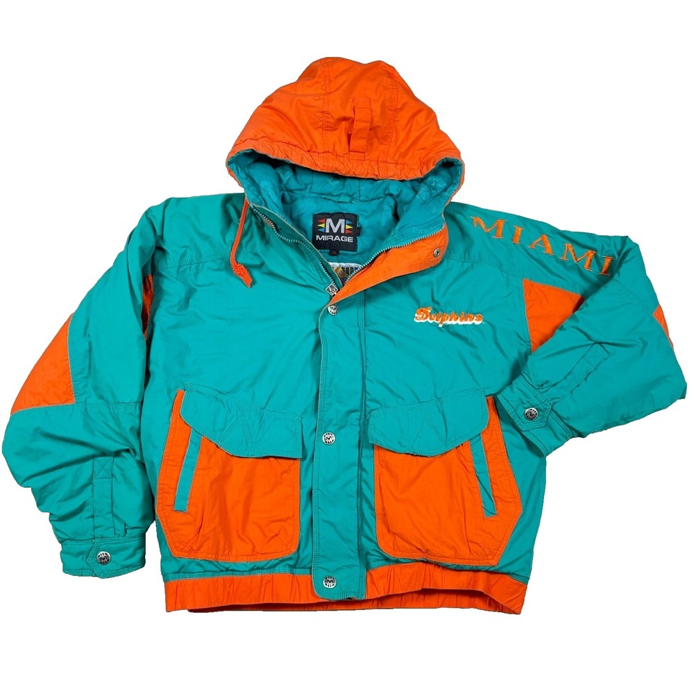 Vintage Miami Dolphins Jacket Men Medium Teal Hooded Bomber Puffer 90s Adult